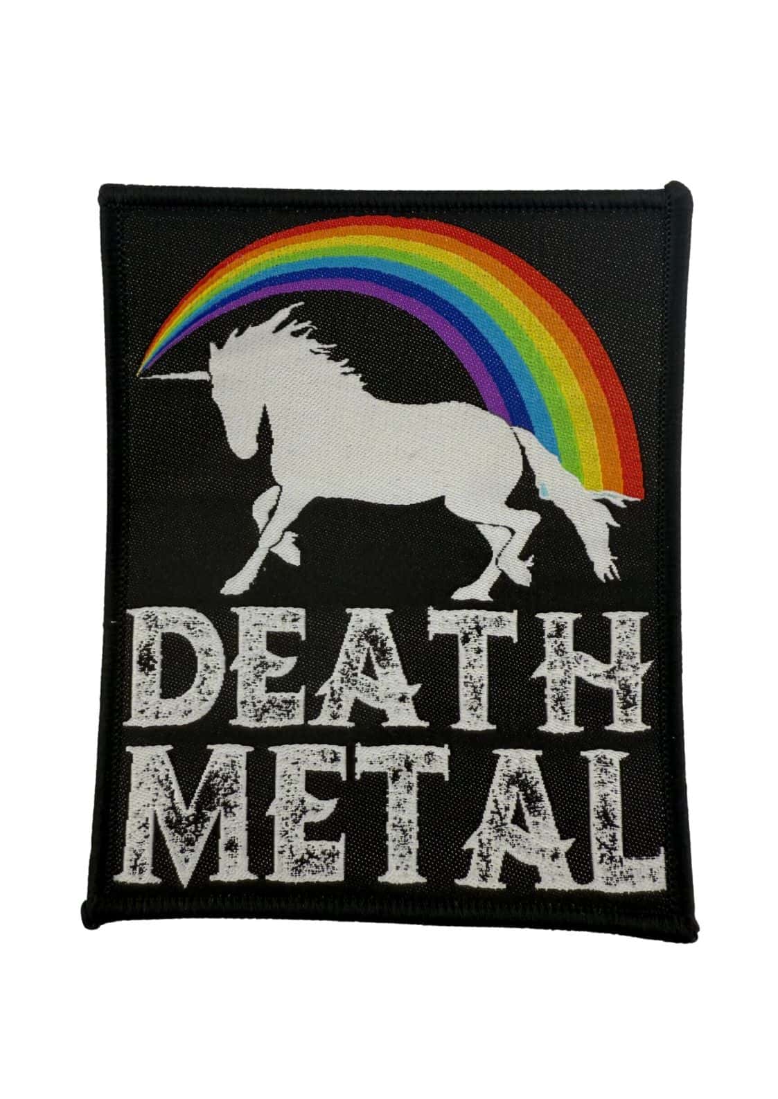 Schwarzer death metal patch mit weißem einhorn und regenbogen für gothic und horror mode
